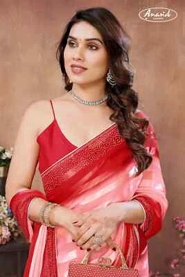 NUEVO Sari de fiesta rojo y rosa diamante trabajo adornado diseñador indio Foto 1 de 4