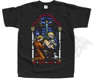 Catholic T-shirt Christ in Manger Nativity Scene Jesus Black Stained Glass Tee - Picture 1 of 2