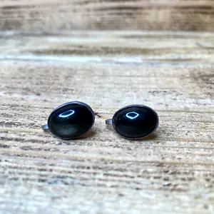 Vintage Sterling Silver Black Oval Faux Onyx Clip On Earrings (screwback) - Picture 1 of 11