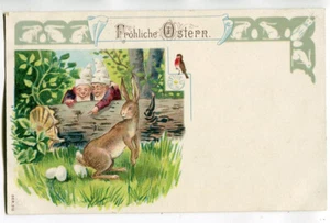 Postal litográfica Feliz Pascua, enanos, conejo alrededor de 1906 - Imagen 1 de 2