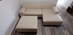 IKEA Kramfors Sofa mit Récamiere Echt Leder + Hocker (beige - creme - alt-weiß) - Bild 1 von 7