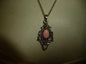 PENDANT REPRO ART DECO SILVER TONE W PINK STONES W CHAIN NECKLACE #29/12 - Bild 1 von 6