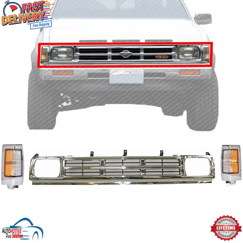 NEW FRONT GRILLE CHROME AND SILVER AND CORNER LIGHT 3PC FOR 1990-1992 NISSAN D21 Foto 1 de 4