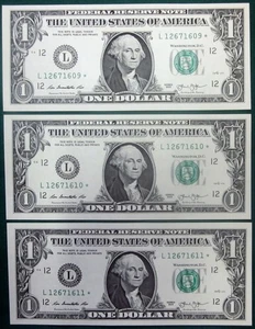 3-$1 One Dollar Bill Star Note 2013 Duplicate Serial numbers. In Sequence. CU - Picture 1 of 2