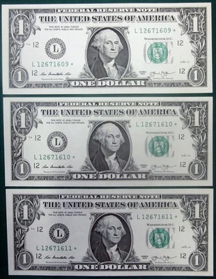3-$1 One Dollar Bill Star Note 2013 Sequential Serial numbers~Crisp Uncirculated - Image 1 of 2