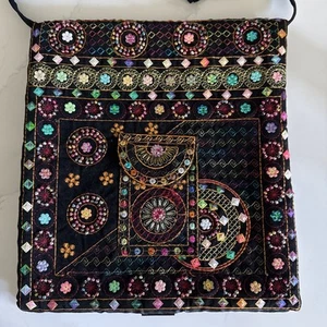 Black Velvet Purse Handmade Embroidered Beaded Cross body Festival BOHO - Picture 1 of 22