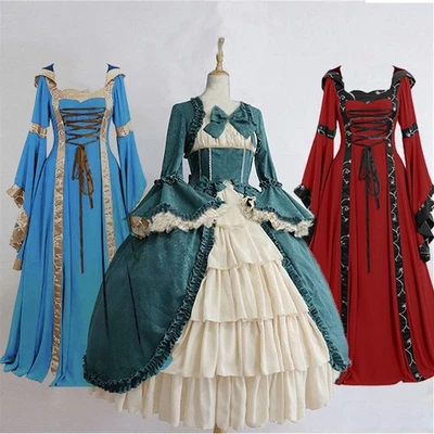 Vintage hooded Skirt square collar medieval Dress Sleeves Tie With flared - Image 1 of 4