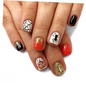 24PCS Halloween Press-on Nails, Short Square Gold Glitter Acrylic Nails with  - Picture 1 of 7