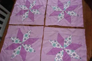 Quilt Block Squares Handmade Embroidered Star 8 Purple  14" x 14" Blues Flowers - Picture 1 of 18