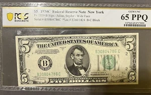 1934 C $5 Federal Reserve Note 65 PPQ - Picture 1 of 2