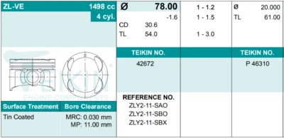 PISTON & RING SET MAZDA ZL-VE FOR FAMILIA PROTEGE 323 16V 1.5 LTR PETROL - Image 1 of 2