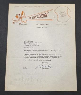 Carta rara 1952 firmada por Bill Veeck de San Luis Browns-Salón de la Fama-PSA Foto 1 de 4