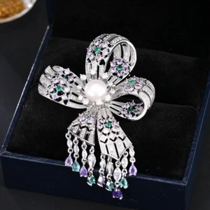 Luxury Pavé Zirconia Bow Brooch Elegant Coat & Suit Jewelry for Women Accessory - Picture 1 of 7