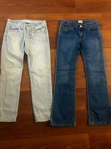 2 pair girls DENIM JEANS pants LOT gray gap kids boy fit BLUE TCP boot cut sz 8 - Picture 1 of 5