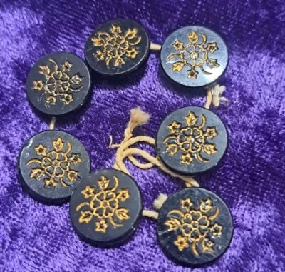 Set of 7 Vintage Black Guilded Gold Flower Design Glass Buttons Flat See Photos - Image 1 of 4