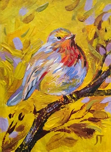 ACEO Print of Painting Bird Autumn Yellow Leaves are falling Miniature - Picture 1 of 2