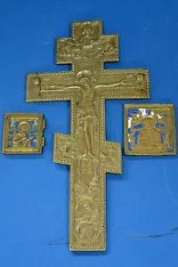 3 Antique Early 20th Century Russian Bronze / Enamel Double Sided Icons,c1920 - Picture 1 of 11
