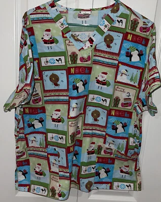 Dickies Christmas Scrub Top Xl Womens Santa Snowman Nurse Colorful - Image 1 of 4