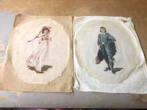 ANTIQUE VINTAGE PAIR FINISHED NEEDLEPOINT PETIPOINT OVAL BOY AND GIRL - Picture 1 of 8
