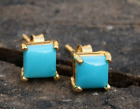 Attractive 2Ct Princess Simulated Turquoise Stud Earrings 925 Silver Gold Plated