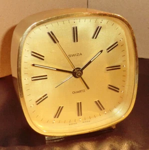 SWIZA Quartz SWISS MADE vintage goldene DESIGN Tischuhr mit Wecker um 1975 - Bild 1 von 11