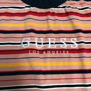 Guess Los Angeles Classic Striped Embroidered T Shirt Medium Dusty Rose and Navy