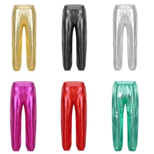 Kids Girls Glossy Metallic Dance Pants Hip Hop Trousers Streetwear Performance - Picture 1 of 81