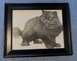 Quadro acquerello originale con cornice "Gatto dagli occhi luminosi" 17X14 di Argersinger "90 - Foto 1 di 5