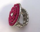 Fashion Ring stretch CIRCULAR- magenta seed beads- clear stone in center