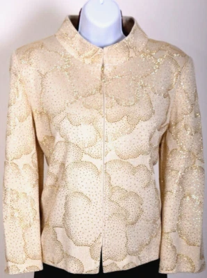 ST.JOHN Womens Cream Gold Studs Shimmer Rhinestone Jacket Sz 6 - Image 1 of 4