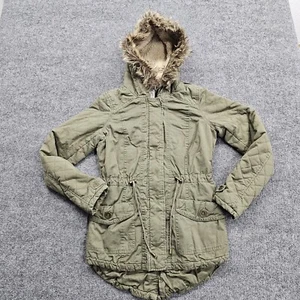 dELiA* Parka Faux Fur Trim Hood Coat Women XS Green Full Zip Snap Outdoor Jacket - Picture 1 of 15