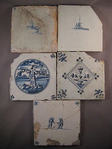 5 beschädigte antike Niederländische Fliesen Kachel Tegel  Dutch Tiles 17-19 Jh. - Bild 1 von 7