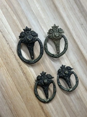 Rare 4 Antique Brass Roses Flower Bouquet Drawer Pulls Drop Dresser Hardware Vtg - Image 1 of 4