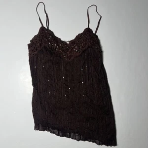 Studio 1940 Brown Asymmetrical Cami Mesh Tank Top Size Medium Y2K Sequins Fairy - Picture 1 of 10