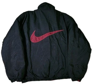 🔥 Vintage 90’s Nylon Nike Puffer Jacket Reversible Black Red Big Swoosh 27x26 - Picture 1 of 7