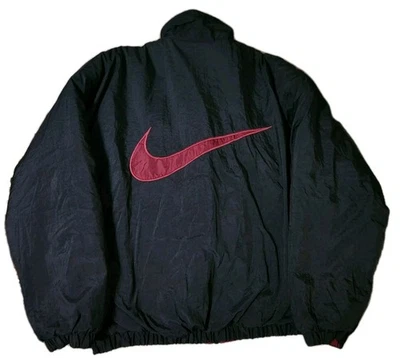 🔥 Vintage 90’s Nylon Nike Puffer Jacket Reversible Black Red Big Swoosh 27x26 - Image 1 of 4