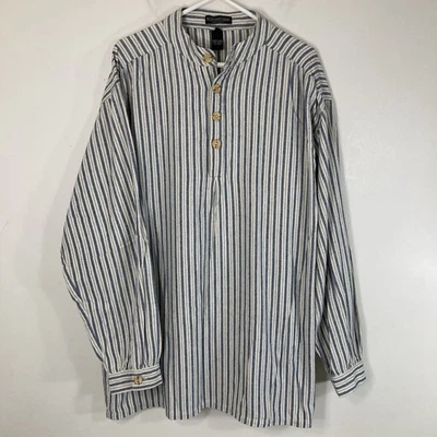 J. Peterman Company Poet's Shirt Men’s L Blue Stripe Long Sleeve Banded Collar - Image 1 of 4