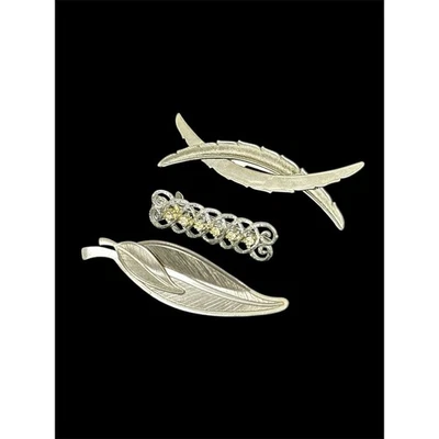 Vintage Barrette Hair Clip Accessory Lot of 3 Silvertone Leaf Rhinestone - Image 1 of 4