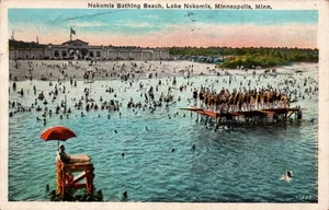 POSTAL NOKOMIS PLAYA DE BAÑO LAGO NOKOMIS MINNEAPOLIS MINNESOTA - Imagen 1 de 2