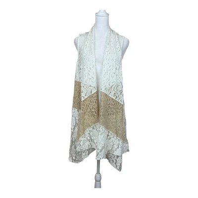 Chico's Chaleco de Encaje Para Mujer Mediano Marfil Tostado Frente Abierto Largo Cortina Boho Cárdigan Foto 1 de 4
