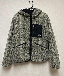 Stussy Snake Jacquard Reversible Sherpa Hooded Jacket Men’s Sz Small - Picture 1 of 13