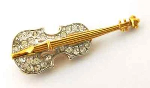 Vintage Attwood & Sawyer Gold Plated Swarovski Crystal Violin Pin Brooch - Picture 1 of 9