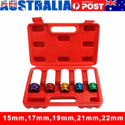 5Pcs Alloy Wheel Nut Thin Wall Deep Impact Socket Set 1/2" Drive 15-22mm w/Case - image 1 of 4