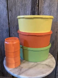 3 Vintage Tupperware Lime Green,Orange,Yellow Stackable Canisters w/ Lids +4cups - Picture 1 of 9