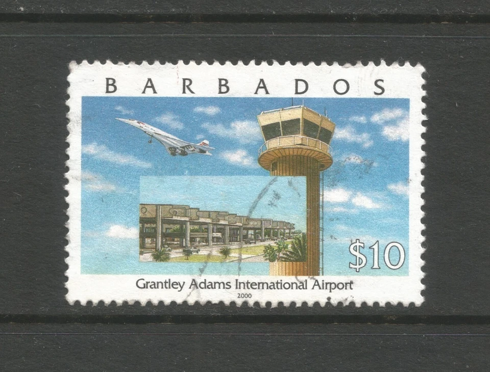 Aeropuerto de Barbados 2000 $10, usado.  SG1166, valor máximo del conjunto.  Concorde Foto 1 de 1