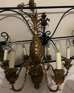 VINTAGE VAUGHAN DESIGN GOLD GILT WOOD PINEAPPLE CEILING CHANDELIER LAMP LIGHT - Picture 1 of 17