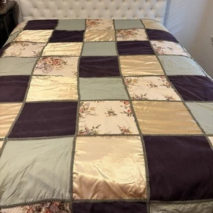 Vintage Handmade Patchwork Quilt Velour Satin Woven Braid Trim 102” X 90” King - Picture 1 of 16