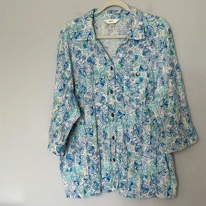 CJ Banks Womens Blue Shirt Jacket Plus Size 2X Button Down Beach Print Shimmer - Picture 1 of 8