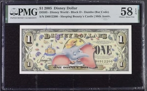 2005 $1 Disney Dollar - Disney World, Block D, Dumbo (Bar Code) - PMG Graded 58 - Picture 1 of 2