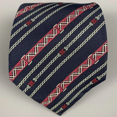 CELINE Navy Red Diagonal Stripe Silk Tie - Image 1 of 4